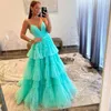 Robes de fête Sévintage Elegant Mint Green Prom Robe Tulle A-Line Spaghetti Strap Tier Formel Evening Floor Longueur Longueur 2024