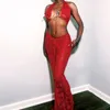 Sukienki robocze Anjamanor Postrzegaj czerwoną koronkę Dwuczęściową spódnicę Maxi i kantar Seksowna striptizer