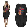 Robes décontractées Fashion Summer Robe africaine pour femmes Pocket Black Lettres belles imprimées T-shirt plus taille midi robe Femme