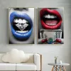 Poster de arte de parede imprimir boca azul com diamante e dinheiro de lona pintando imagens de parede para quarto de meninas, sala de estar