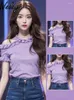 Kvinnors blusar lila axel spetsskjortor franska söta mångsidiga toppar unika och vackra korta ärmar i år små