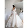 Exquisite Ball Wedding Dresses V-neck 3D Lace Appliques Long Sleeves Court Gown Zipper Bridal Custom Made Robe Despecisl