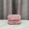 23C Shimmer Giltter Pink Sequins Classic Mini Flap Makeup Vanity Box Bags Turn Buckle Crossbody Fanny Pack Cosmetic Case Lipsctick Card Holder Purse 14x12x5cm