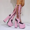 Boots Girl Pink Leather Elastic Band Crossed Fixt Cutout Knee Square High Heel Super Platform Stage Sandale d'été ardente