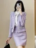 Vestidos de trabalho Light Purple Professional Tweed Jacket Salia Salia Primavera / Autumn Feminino Feminino Feminino 2 Peças Conjuntos de Peças