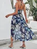 Finjaniwomens Jumpsuit Floral Print avec jupe Sans manches V Coue de cou Backless Halter Vêtements Femmes Summer 240423