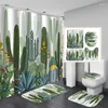 Shower Curtains 4pcs Tropical Plant Leaf Waterproof Curtain Cactus Anti-Slip Pad Soft U-Shaped Toilet Mat Cover Home Decor