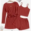 Home Clothing Summer Pajamas Set For Women Casual Sleepwear Tank Top And Shorts Plus Size Cardigan Leisure Homewear Suit 3 Pieces