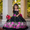 2022 VINTAGE MEXICAN GIRLS DRESSOS DE PAGOMA APLICAÇÃO FLORAL DE LAÇA DE LAÇA ombro de cetim de cetim vestido de menina para casamento Quinceanera Mini 214i