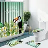 Douchegordijnen 4 stks tropische plantengordijn Toucan bloem waterverf groene bladeren badkamer set niet-slip tapijten toiletbedekking bad mat tapijt