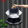 2-10y Brothers Irmãs Summer Summer Navy Collar Boys and Girls Clothing Set Sleeve Manuve Girls Prep Dress Family Matching Clothing 240514