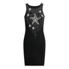 New Designer Brand Milan Runway Dresses Women Sleeveless Beading Rhinestones High Quality Black Slim Sheath Bodycon Party Evening Knitted Dress Vestidos DR515