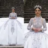 Exquisite Ball Wedding Dress Jewel Long Sleeves Pearls Applicants Illusion Pleats Chapel Gown Custom Made Robe De special
