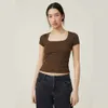 Y2K Summer Naked Women's Wear Slim Fit Square Neck Short Sleeve T-shirt Thread Knitted Shirt BM Top F51423