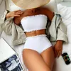 Menas de banho feminina cintura alta biquíni branca tanga de biquíni ruched swimsuit de maiô de 2 peças biquínis biquínis de roupa de praia traje bano bano mujer