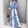 Vrouwen Summer Spring Long Maxi Loose Dress Floral Print Plunge Flare Sleeve Enkle Lengte Hoge taille Deep V Neck Jurken 240514