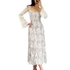 Casual klänningar kvinnor fairycore vit spetsklänning y2k kläder fyrkantiga nacke upp blossade lång ärm en linje som går ut fest