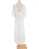 Boho Slubbed Fabric Sleeve White Deep V-Colon Butterfly Self-belted High Taist Front Open Summer Beach Robe