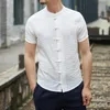 Chemises décontractées masculines Man Shirts traditionnels chinois Summer Summer à manches courte boucle bouton de boucle collier de support blanc fine