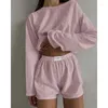 Hemkläder kvinnors pyjamas Set Spring Long Sleeve Tops med shorts Sleepwear 2 Piece Loose rund nacke slitage pyjama femme