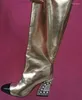 Bottes Gold Cour pour les femmes Automne Winter Western Cowboy Diamond High Talon pointu Point Crystal Chaussures