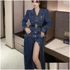 基本的なカジュアルドレスが倒れますbreasted waist denim long dress women lapel Sleeve cowboy韓国エレガントolジャンローブストリートウェアd dhxrg