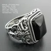 Real 925 Sterling Silver Vintage Rings For Men Natural Black Onyx Stone Square Shape Hollow Cross Flower Carved Punk Jewelry 240509