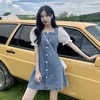 Thin summer dress with waist cinched denim short sleeved first love dress sweet lace patchwork loose collarbone for beauty 210525