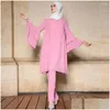 민족 의류 무슬림 아바야 여성 핑크 손 꿰매는 드릴 연꽃 슬리브 2 조각 세트 khimar islam malaysia baju kurung drop delive dh0gi