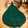 Emerald Green Glitter Quinceanera Dresses 3D Flower Vestidos de 15 Birthday Formal Dress Ball Gown Pearls Junior Girls Party Gown Girls
