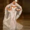 Retro koronkowe sukienki syreny saudyjskie Arabia Wysoka szyja Sheer długie rękawy suknie ślubne zamiatanie pociągu ślubne z zasłoną