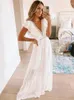 Chic Elegant Retro Women White V-hals Ruffled Lace Beach Dress Wear Swim Suit Cover Up Fresh Outfits D9