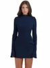 Dres décontractée Elegant Blue Blue Solid High Taist Mini Dr Women Fi avec Pocket LG Sleeve Bodyc Chic Party Club Club N2LM #