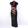 Grundläggande casual klänningar kinesiska stativ krage gotisk klänning embrowery drake qipao svart röd vintage kvällsfest lång mantel cheongsam y d dhynl