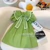Girl's Dresses Girls Academy Style Green Summer Dress Korean Edition Childrens Fresh and Cute Princess Dress Fashion Bow Dress New 2024 d240515