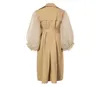 GetSring Women Trench Coat Khaki Cotton Windbreakers Lantern Sleeve Spliced Double Brecheded Coat Lace Up Slim Long Overcoat4504191