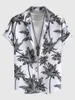 Mäns avslappnade skjortor sommarstrandsemester med tropisk tryck kort ärm t-shirt grönsak kokosnöt träd 4 väg stretch tyg skjorta