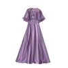 2024 Summer Purple Solid Color Satin Beaded Dress Short Sleeve V-Neck Pleated Midi Casual Dresses S4W140509
