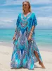 Bohemian Seaside Plus Size Print Kaftan Langes Kleid sexy V Hals Loose Robe Women Summer Beachwear Badeanzug Coverups Q1415 240508