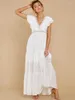 Chic Elegant Retro Women White V-hals Ruffled Lace Beach Dress Wear Swim Suit Cover Up Fresh Outfits D9