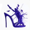 豪華な靴女性デザイナーフェザー装飾キャットウォークヒールメスサンダルセクシーなストラッピーブルーパープルブラック11 cmヒールウーマンシューズ240509