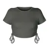 Fashionabla och sexiga gropband exponerad navelstil dragkammare rund hals kortärmad t-shirt kvinnor bm topp f51524