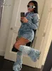 Joskaa Blue Denim 3 Piece Set Women Sexy Lapel Button Long Sleeve Mini Dress and Trousers Leg Matching Fall Streetwear 240514