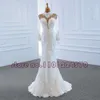 O-Neck Lace Up Back Long Sleeve Pearls Appliques 2 Pieces Mermaid Wedding Dress With Detachable Train Vestido de Noiva Sereia