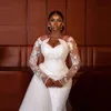 African Women Mermaid Suknie ślubne v Aplikacje szyi cekiny długie rękawy koronkowe sukienki ślubne Spriing Summer vestidos de novia