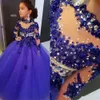 2022 High Neck Girls Pageant Dresses For Weddings Long Sleeve Royal Blue Beads Flower Girl Floor Length Kids Birthday Communion Dress Bes121 0515
