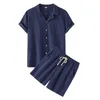Cool Summer comodo con la camicia a bottone corta comoda set di pantaloncini di colore solido da uomo cotone e lino casual 240506