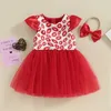 Flickans klänningar Baby Girl Valentines Day Dress Kortärmad läpp Tryckt Sheer Mesh Eye Red Dress Pannband Set för barnkläder D240515