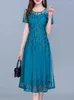 Sıradan elbiseler mavi şifon örgü Kore uzun elbise yaz kadınlar 2024 tunikler midi moda zarif balo akşam kısa kollu