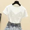 Diamond Short Sleeve T Shirt Female Slim Fit Fake Two Shiny Round Neck Summer Casual Aesthetic Y2K Tee Korean Kawaii kläder